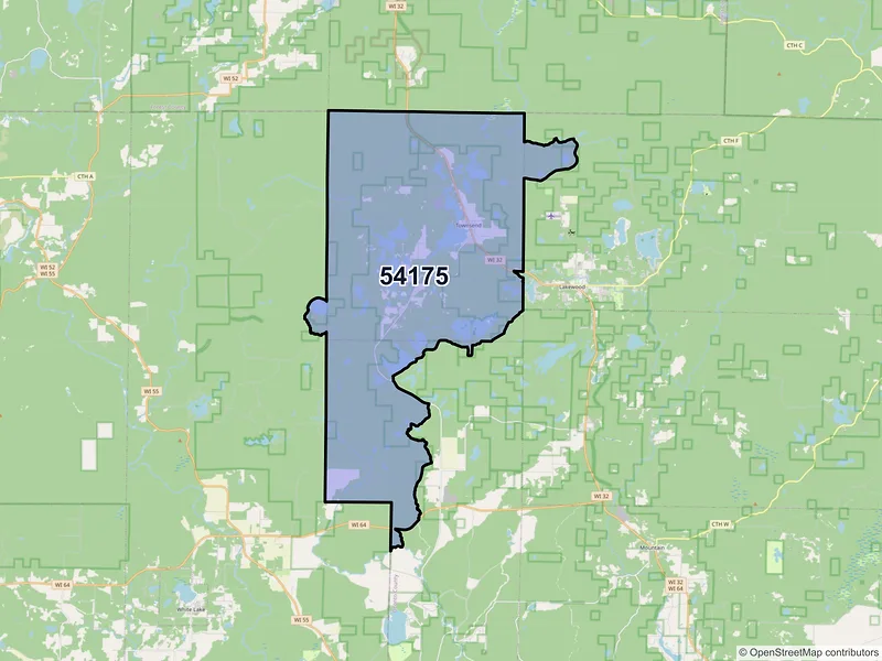 Map of ZIP Code 54175 — Townsend, WI