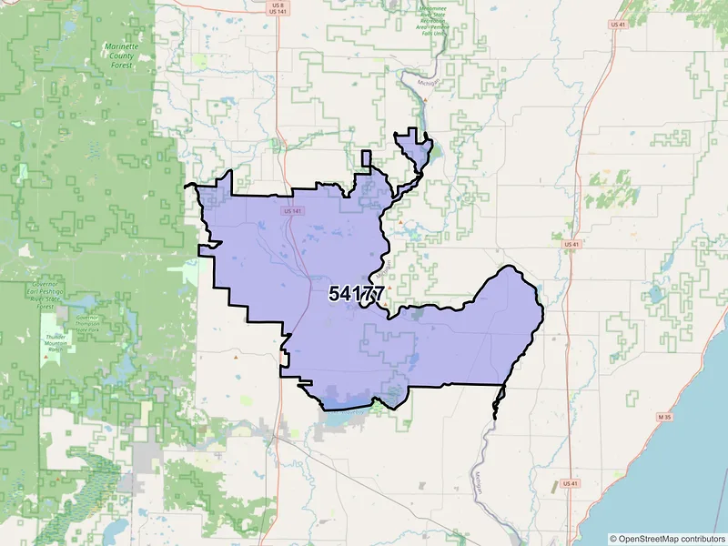 Map of ZIP Code 54177 — Wausaukee, WI