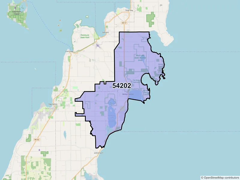 Map of ZIP Code 54202 — Baileys Harbor, WI