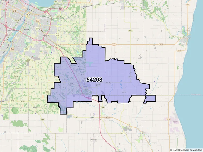 Map of ZIP Code 54208 — Denmark, WI