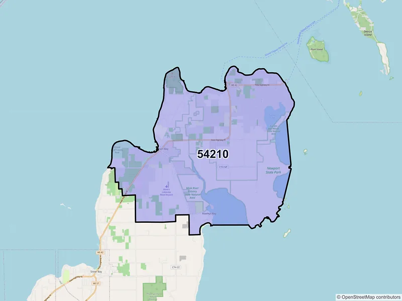 Map of ZIP Code 54210 — Ellison Bay, WI