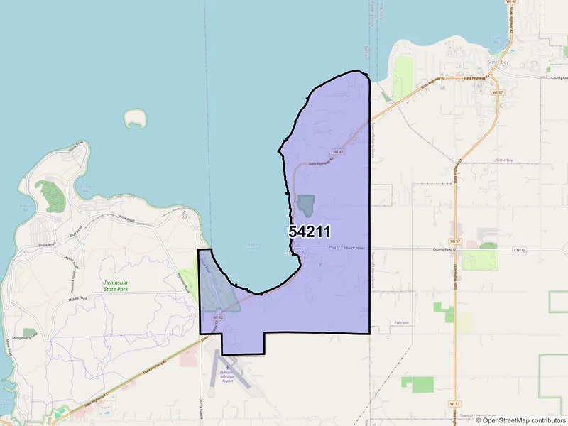 Map of Ephraim, Wisconsin and ZIP codes