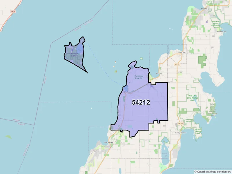 Map of ZIP Code 54212 — Fish Creek, WI