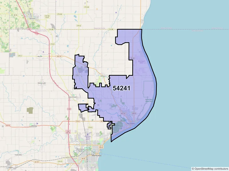 Map of ZIP Code 54241 — Two Rivers, WI