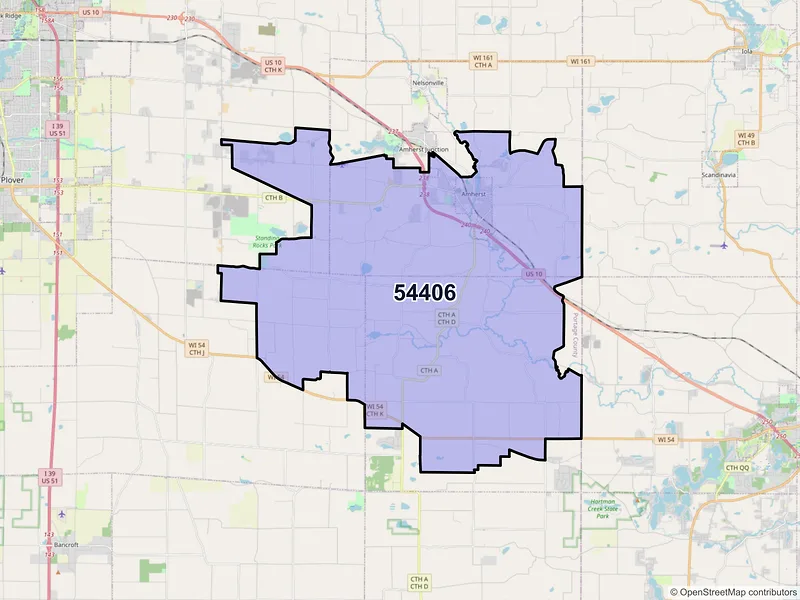 Map of Amherst, Wisconsin and ZIP codes