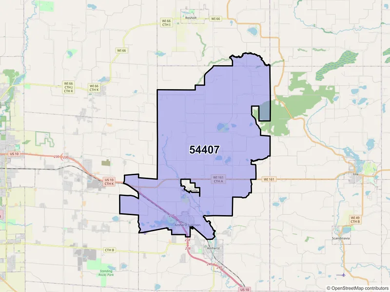 Map of ZIP Code 54407 — Amherst Junction, WI