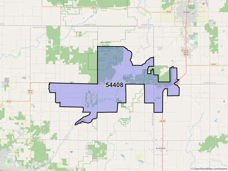 Map of ZIP Code 54408 — Aniwa, WI