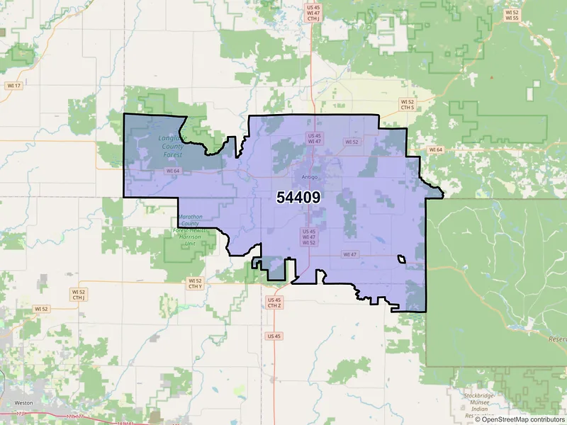 Map of Antigo, Wisconsin and ZIP codes