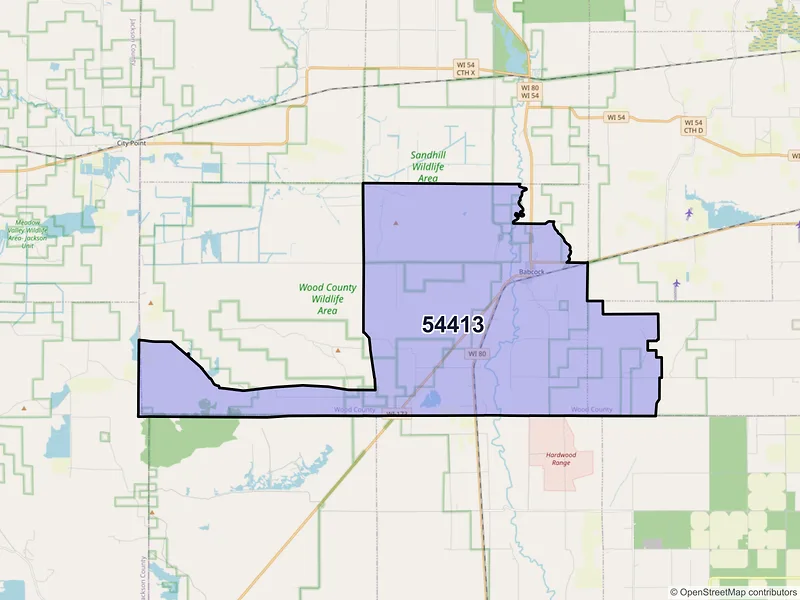 Map of Babcock, Wisconsin and ZIP codes