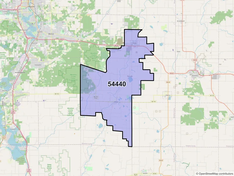 Map of ZIP Code 54440 — Hatley, WI