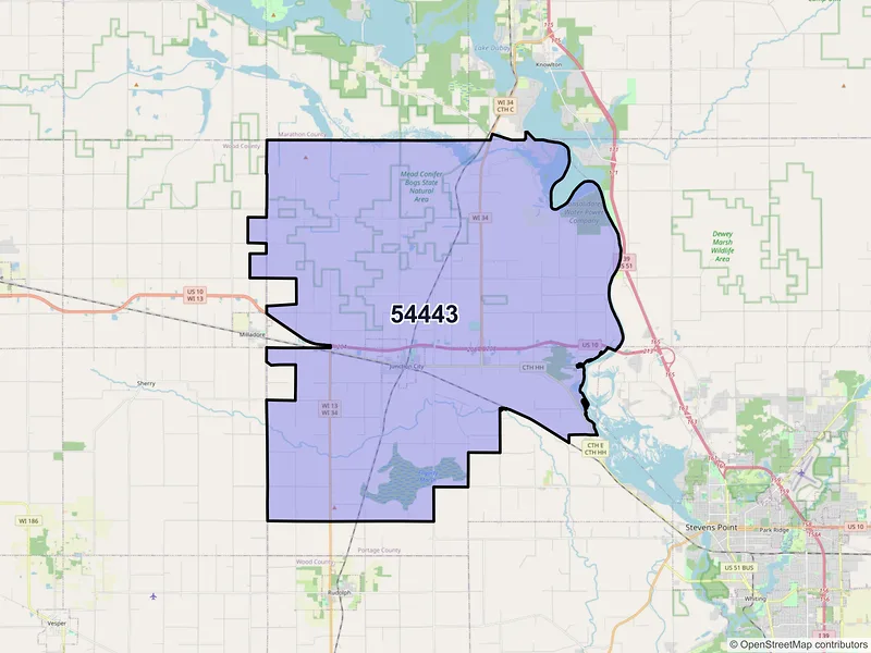 Map of ZIP Code 54443 — Junction City, WI