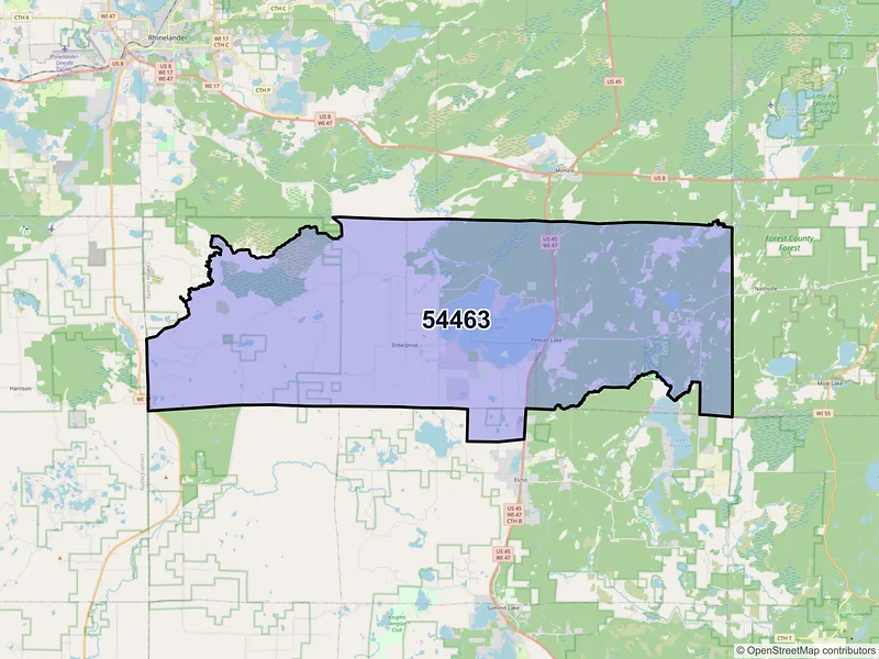 Map of Pelican Lake, Wisconsin and ZIP codes