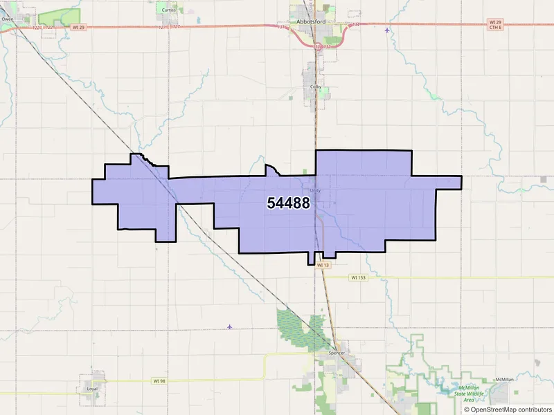 Map of Unity, Wisconsin and ZIP codes