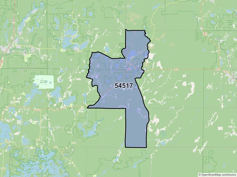 Map of ZIP Code 54517 — Clam Lake, WI