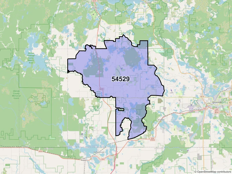 Map of Harshaw, Wisconsin and ZIP codes