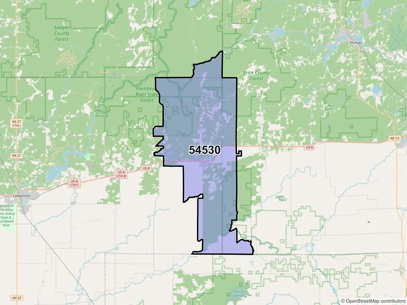 Map of ZIP Code 54530 — Hawkins, WI