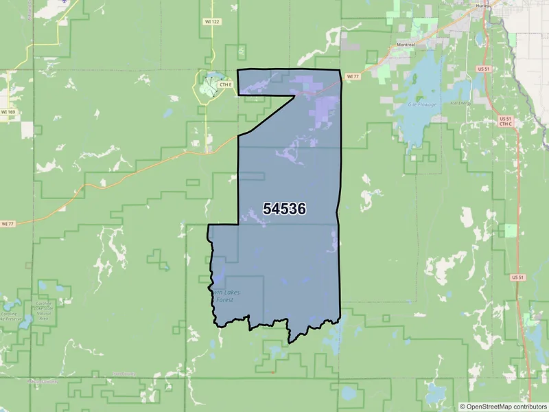 Map of Iron Belt, Wisconsin and ZIP codes