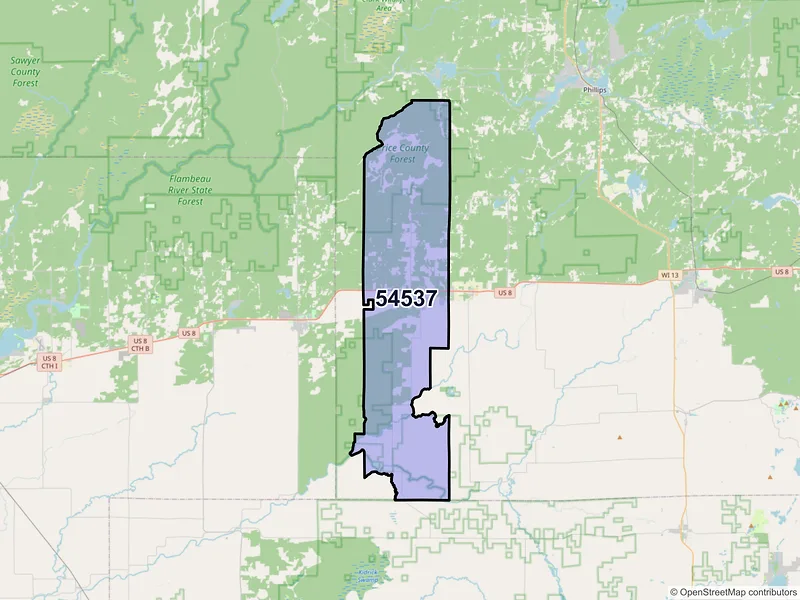 Map of ZIP Code 54537 — Kennan, WI
