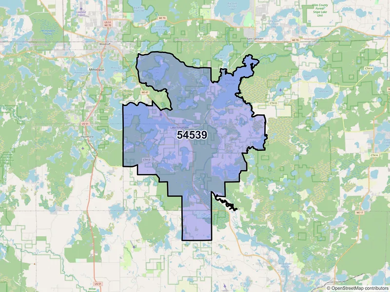 Map of ZIP Code 54539 — Lake Tomahawk, WI
