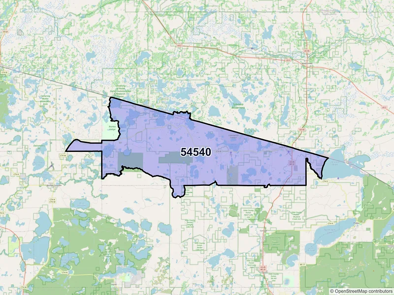 Map of ZIP Code 54540 — Land O Lakes, WI