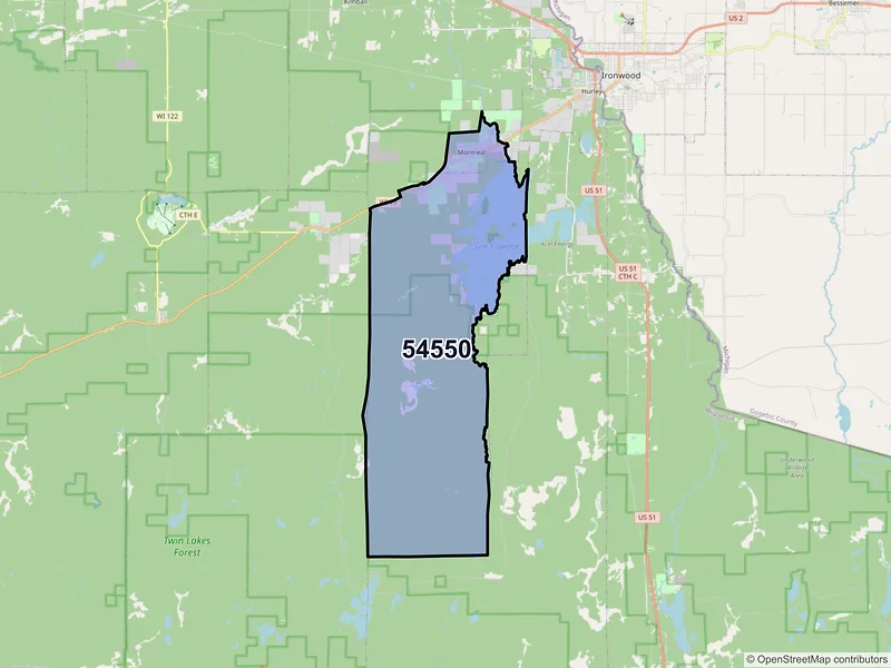 Map of ZIP Code 54550 — Montreal, WI