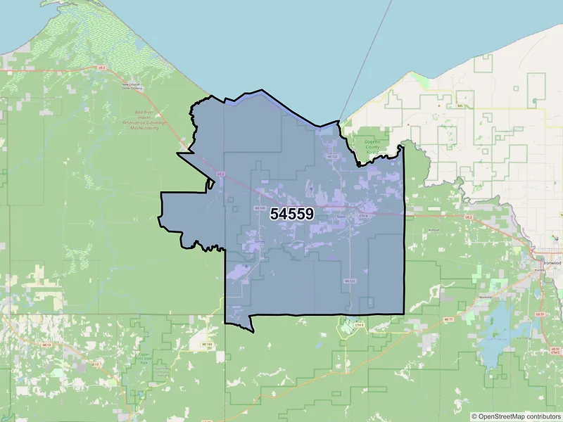 Map of ZIP Code 54559 — Saxon, WI