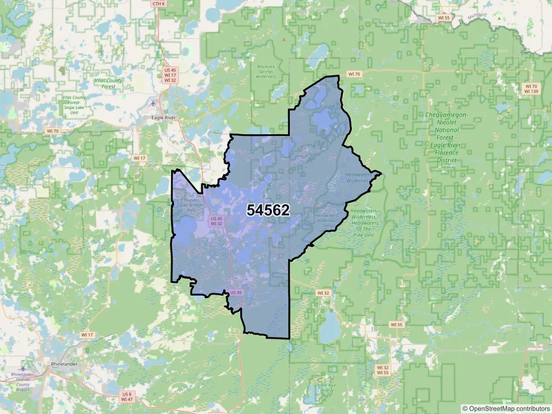Map of ZIP Code 54562 — Three Lakes, WI