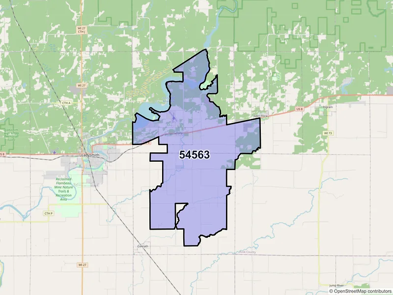 Map of ZIP Code 54563 — Tony, WI