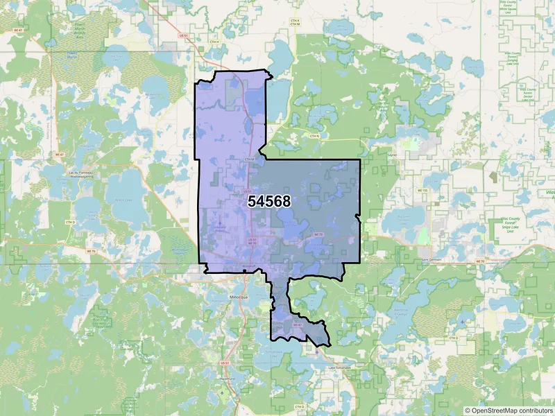 Map of Woodruff, Wisconsin and ZIP codes
