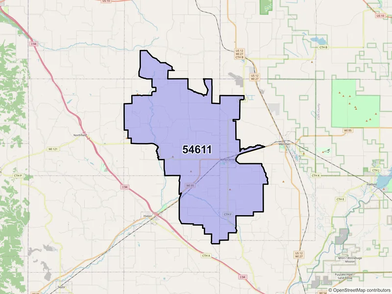 Map of Alma Center, Wisconsin and ZIP codes