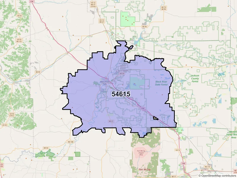 Map of ZIP Code 54615 — Black River Falls, WI