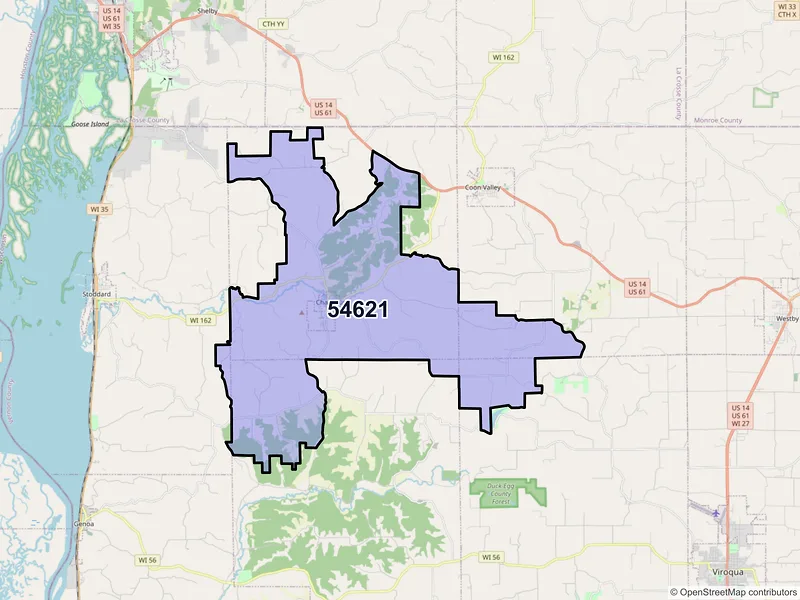 Map of ZIP Code 54621 — Chaseburg, WI