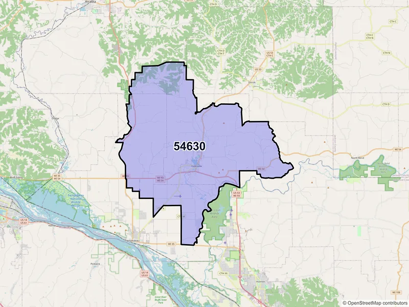 Map of Galesville, Wisconsin and ZIP codes