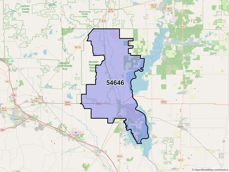 Map of Necedah, Wisconsin and ZIP codes