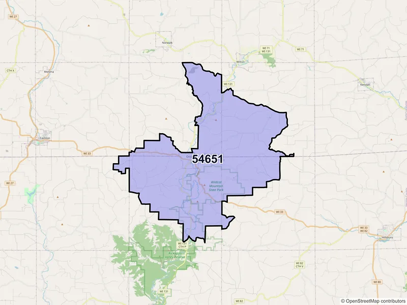Map of ZIP Code 54651 — Ontario, WI