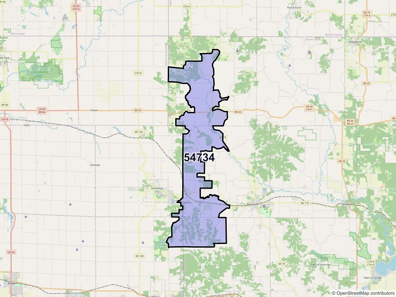 Map of ZIP Code 54734 — Downing, WI