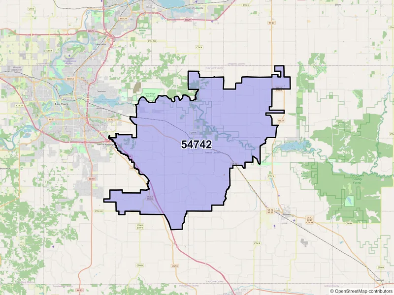 Map of Fall Creek, Wisconsin and ZIP codes