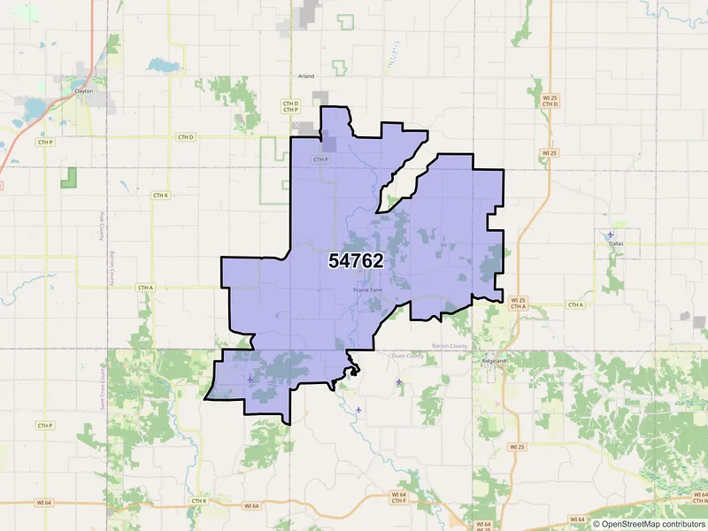Map of ZIP Code 54762 — Prairie Farm, WI