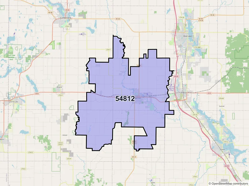 Map of Barron, Wisconsin and ZIP codes
