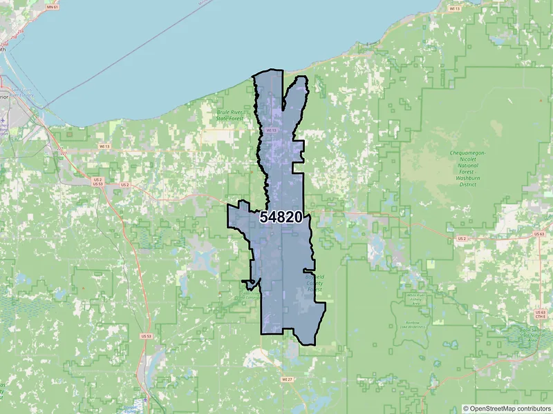 Map of Brule, Wisconsin and ZIP codes