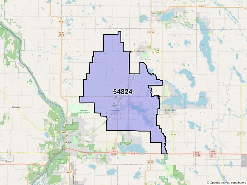 Map of Centuria, Wisconsin and ZIP codes
