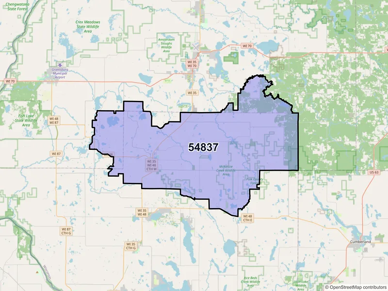 Map of ZIP Code 54837 — Frederic, WI