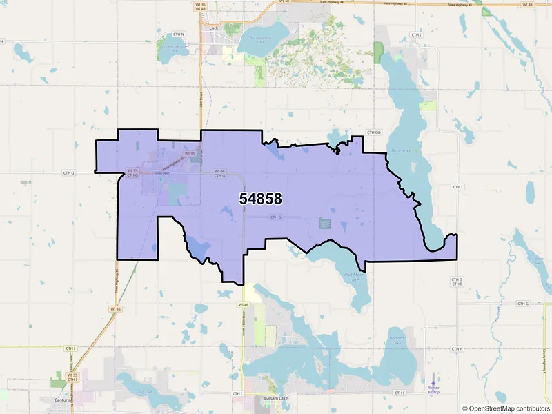 Map of ZIP Code 54858 — Milltown, WI