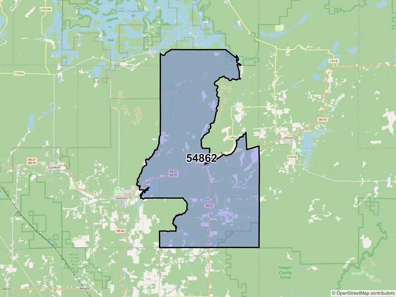 Map of Ojibwa, Wisconsin and ZIP codes