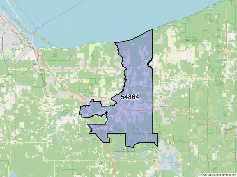 Map of ZIP Code 54864 — Poplar, WI