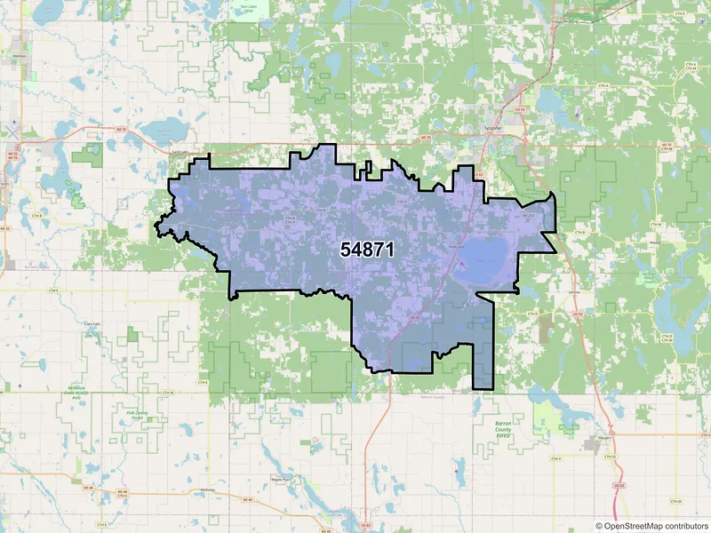 Map of ZIP Code 54871 — Shell Lake, WI