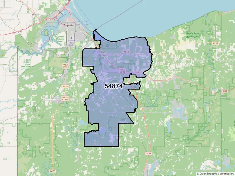 Map of ZIP Code 54874 — South Range, WI