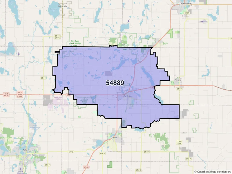 Map of ZIP Code 54889 — Turtle Lake, WI