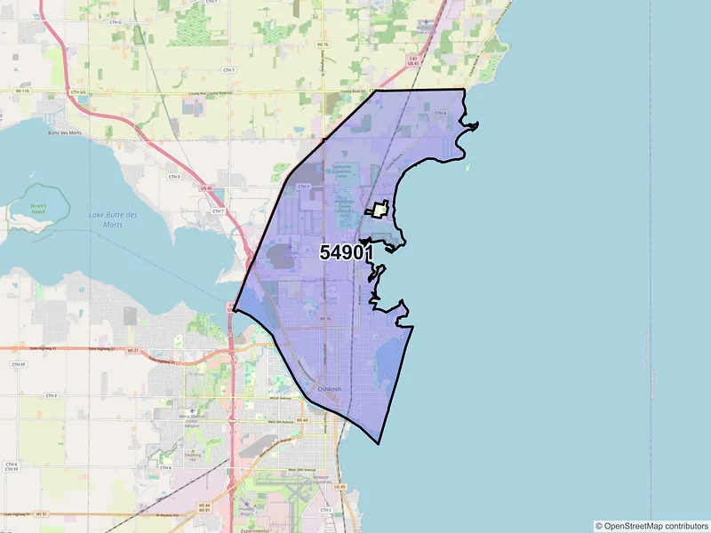 Map of ZIP Code 54901 — Oshkosh, WI
