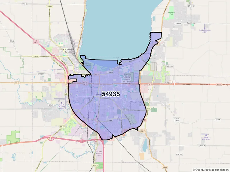 Map of ZIP Code 54935 — Fond Du Lac, WI
